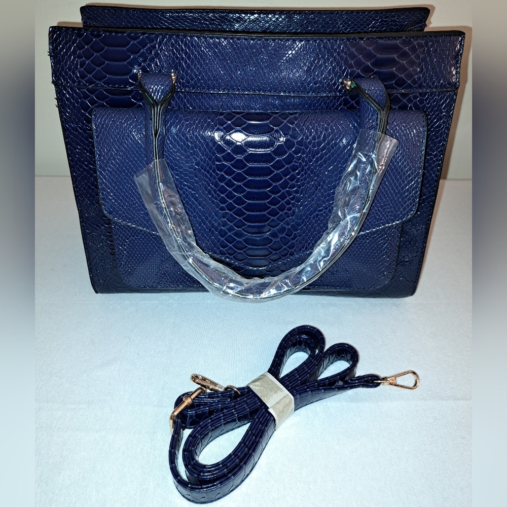 Navy Blue Faux Snake Embossed Tote, Gold Hardware, Shoulder Strap Included, NEW! - Picture 2 of 14